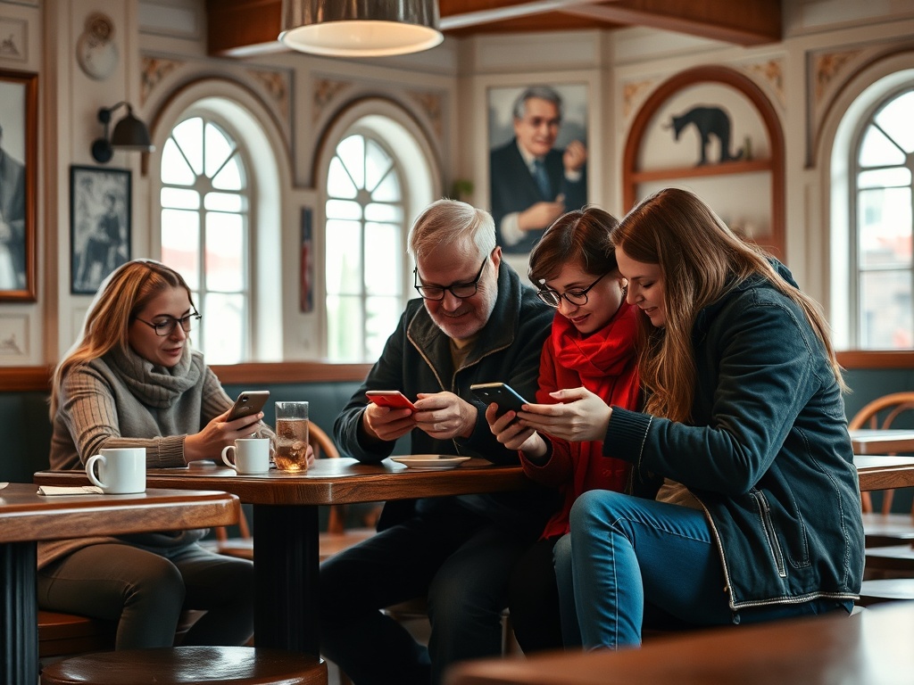 Четыре человека в кафе смотрят в свои смартфоны, окруженные уютной атмосферой и интерьером.