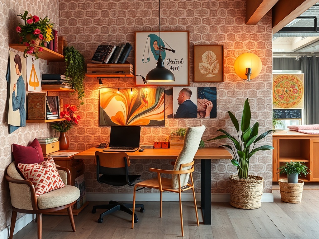Современный стильный домашний офис с красивыми декоративными элементами и зелеными растениями.