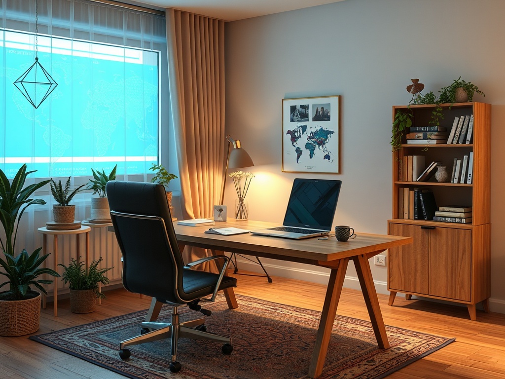 Современный офис с деревянным столом, креслом, растениями и картой на стене. Яркий свет из окна.