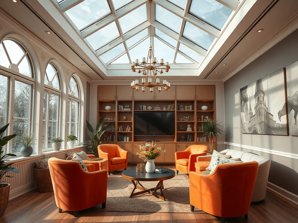 Светлая комната с большими окнами, уютными креслами и растениями. На стене картина и полка с книгами.