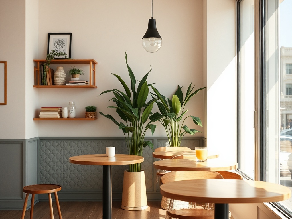 Уютное кафе с деревянными столами, растениями и полками для книг, наполненное мягким светом.