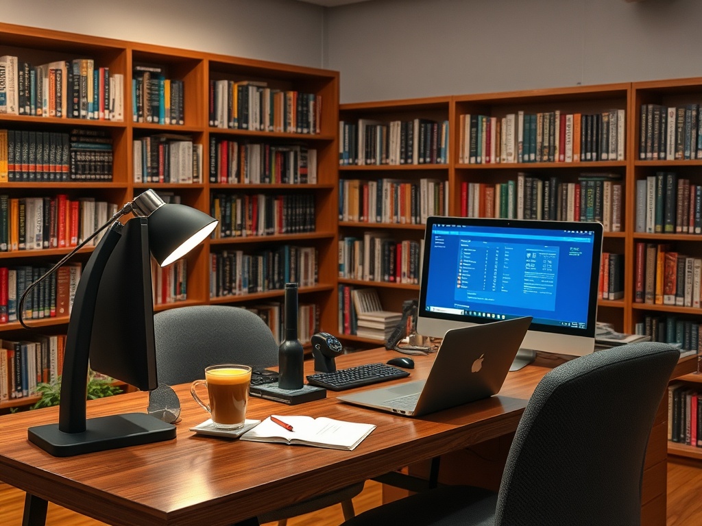 Стильный кабинет с компьютером, книгами, настольной лампой и чашкой кофе. Уютное место для работы или учёбы.