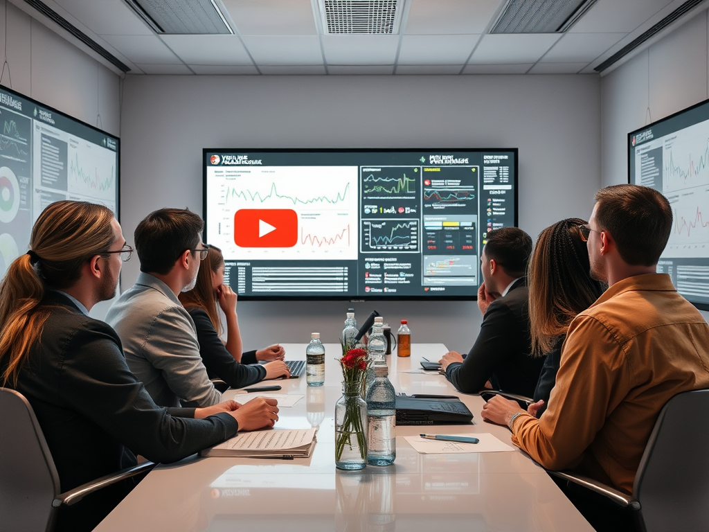 Группа людей на совещании смотрит на экран с графиками и логотипом YouTube.