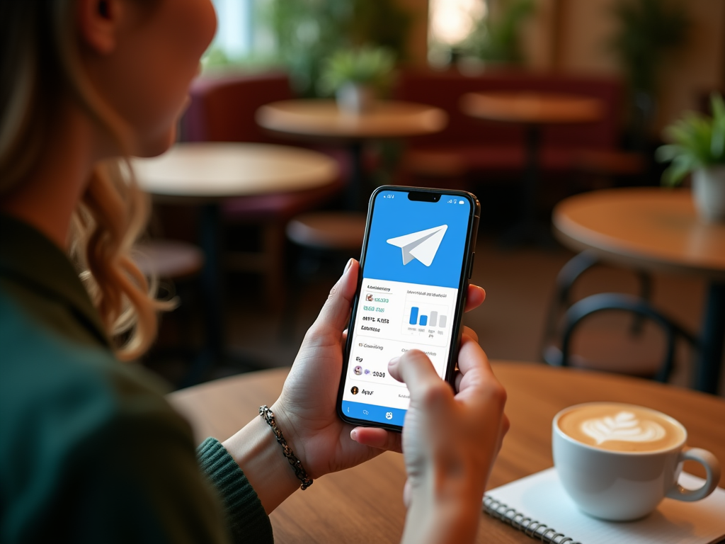 Женщина в кафе использует смартфон с открытым приложением Telegram на экране, рядом кофе.