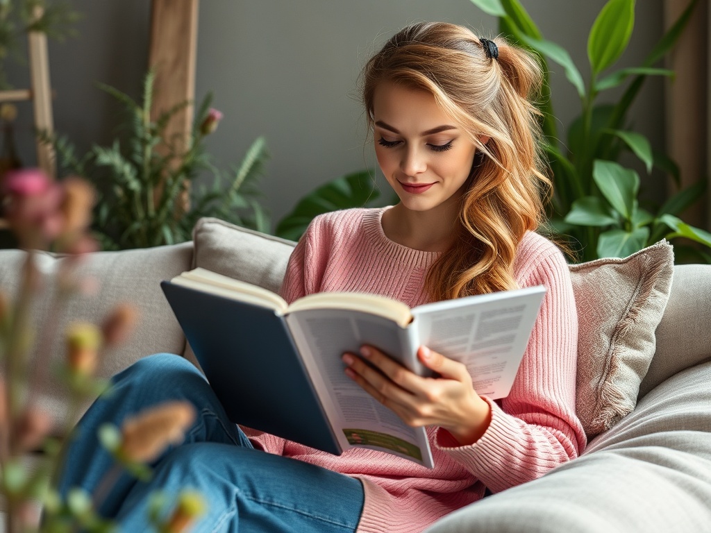 Девушка читает книгу на диване, окруженная зелеными растениями и уютной обстановкой.