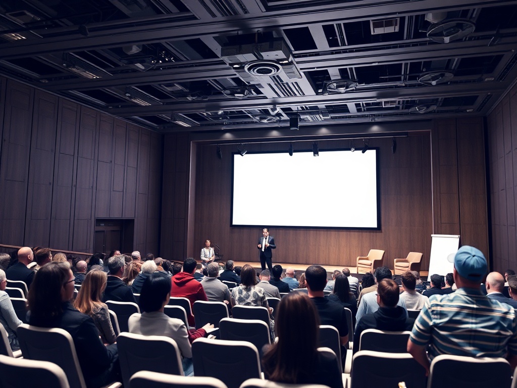 В зале конференции аудитория слушает выступление спикера на сцене перед экраном.