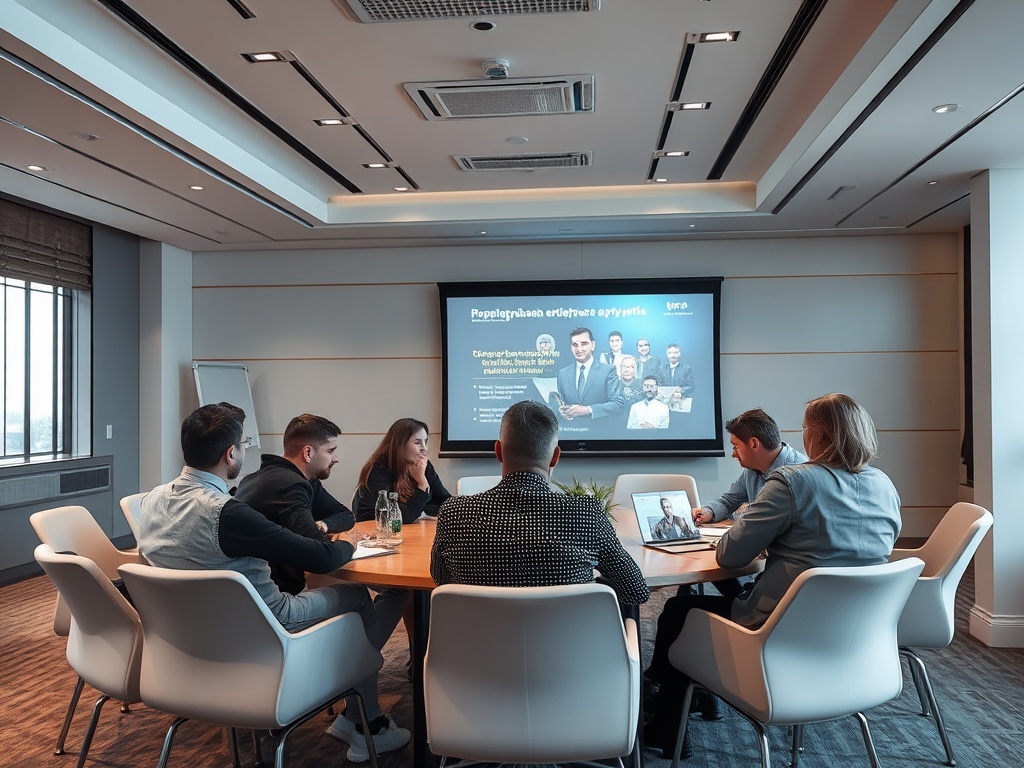Группа людей обсуждает проект в современном конференц-зале с экраном на заднем плане.