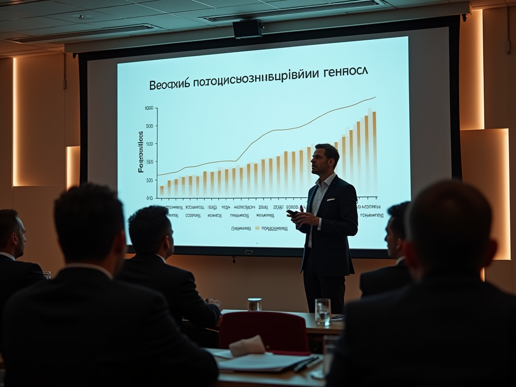 Мужчина делает презентацию на конференции, стоя перед экраном с графиками и диаграммами.