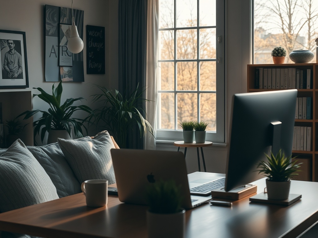 Светлая комната с рабочим столом, компьютером, растениями и большими окнами, наполненная естественным светом.